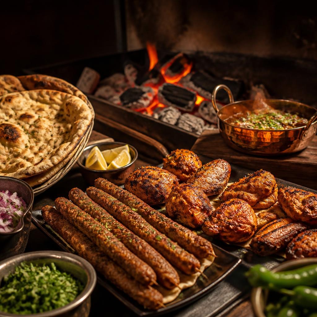 A generous charcoal grill feast with karahi and seekh kebabs