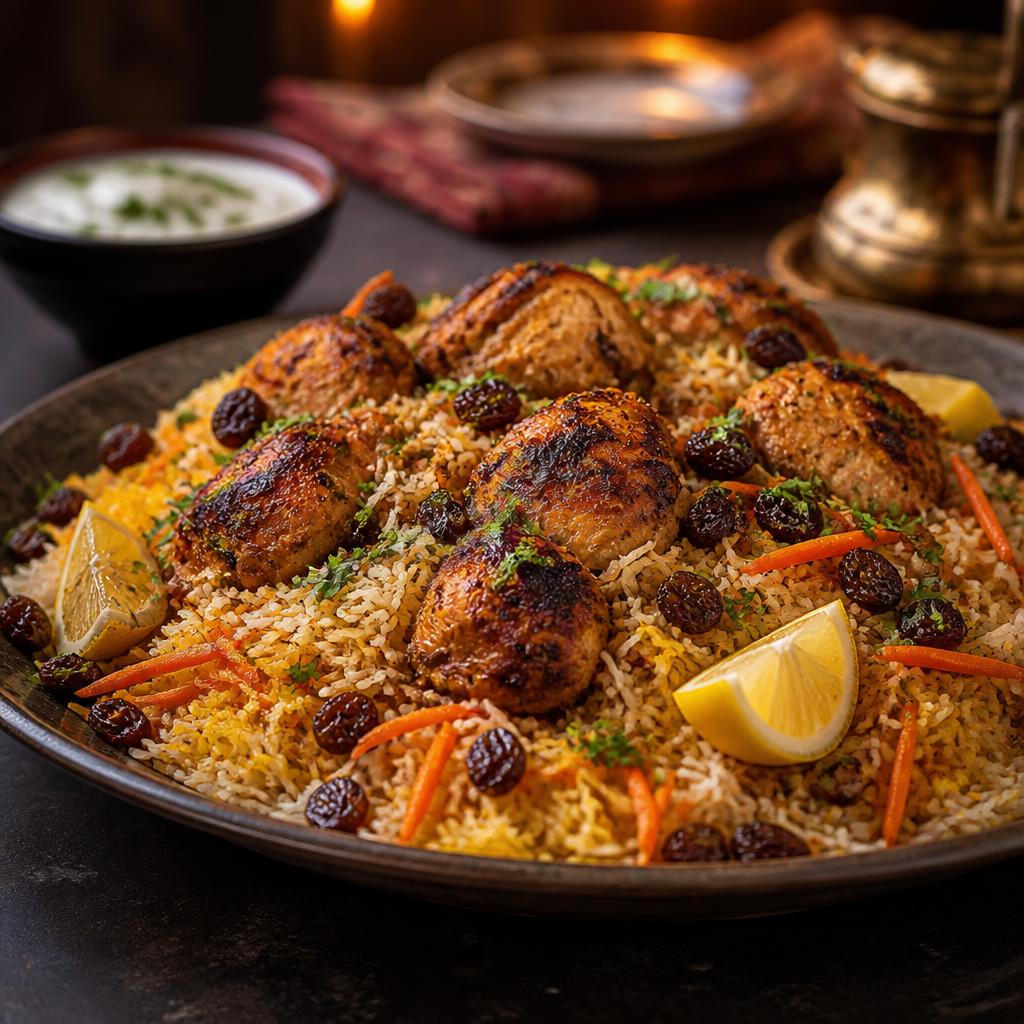 Kabli pulao platter with tender chicken, carrots and raisins