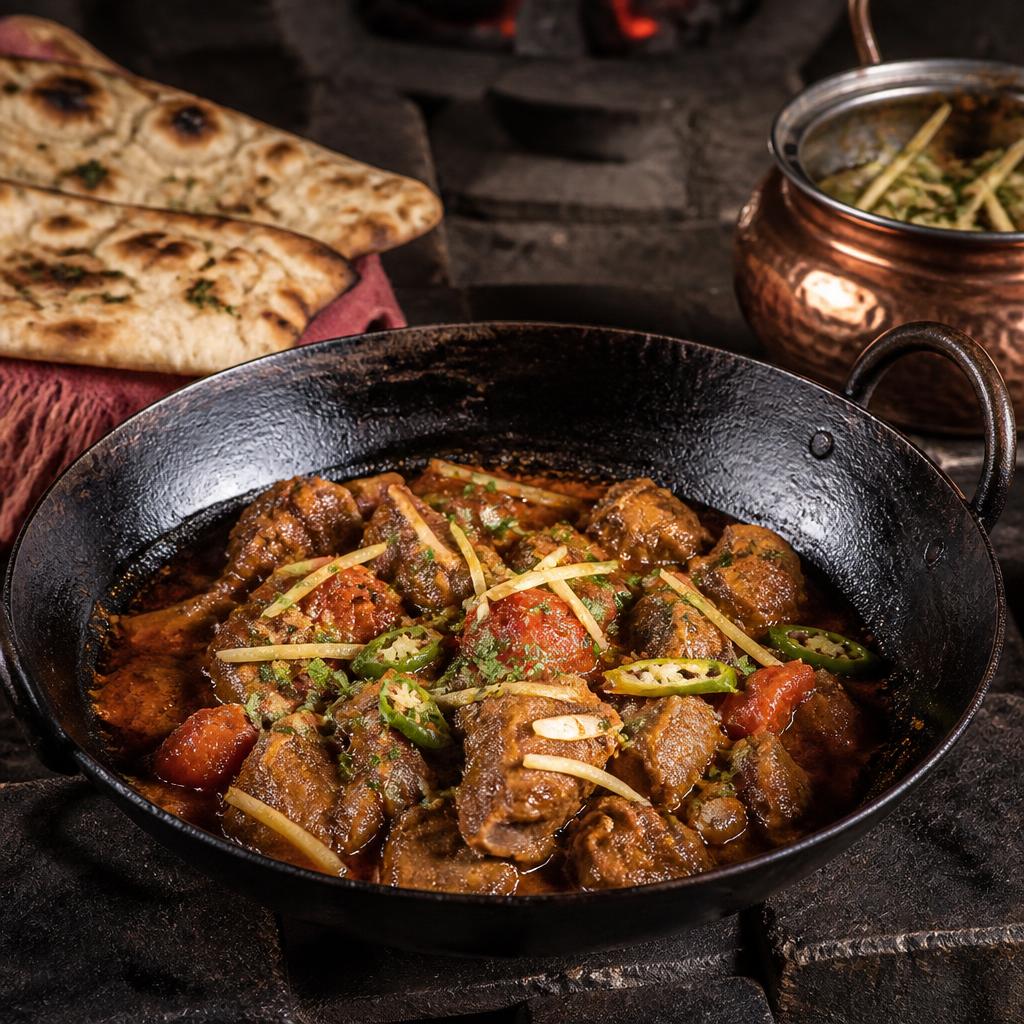 Shinwari mutton karahi in a black iron wok, with naan